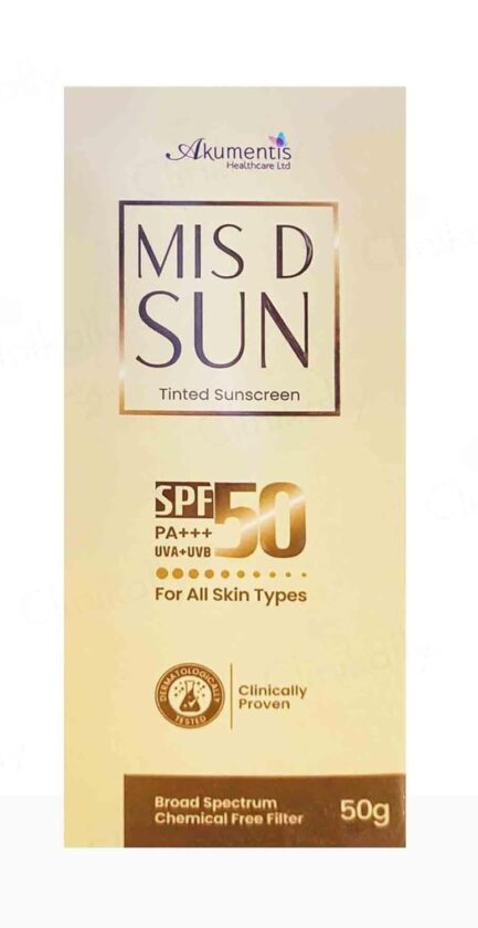 Mis D Sun Tinted Sunscreen SPF 50 | Broad Spectrum UVA/UVB Protection with PA+++ | Matte Finish | Tinted Sunscreen for All Skin Types | 50gm
