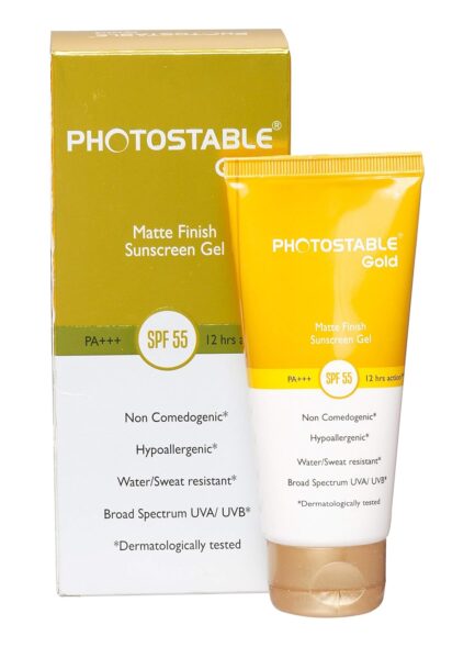 Photostable Gold Sunscreen Gel SPF 55 | Broad Spectrum UVA/UVB Protection | Oil-Free, Matte Finish Gel for Normal to Oily Skin | Dermatologist Recommended | 50g